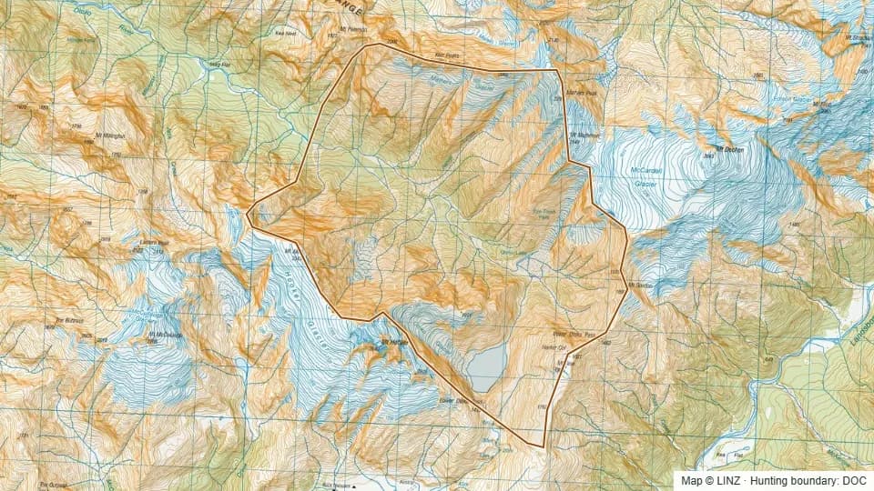 Topographic map of Upper Otoko in West Coast, New Zealand, with the DOC hunting boundary outlined.