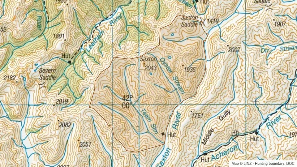 Topographic map of Upper Saxton in Marlborough, New Zealand, with the DOC hunting boundary outlined.