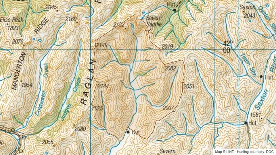 Topographic map of Upper Severn in Marlborough, New Zealand, with the DOC hunting boundary outlined.