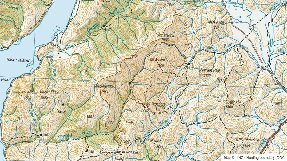 Topographic map of Upper Timaru in Otago, New Zealand, with the DOC hunting boundary outlined.