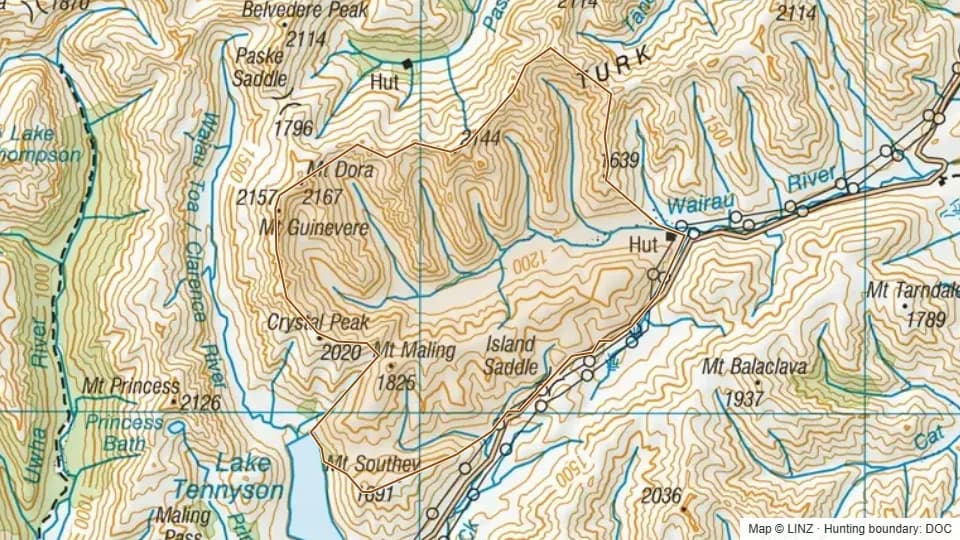 Topographic map of Upper Wairau in Marlborough, New Zealand, with the DOC hunting boundary outlined.