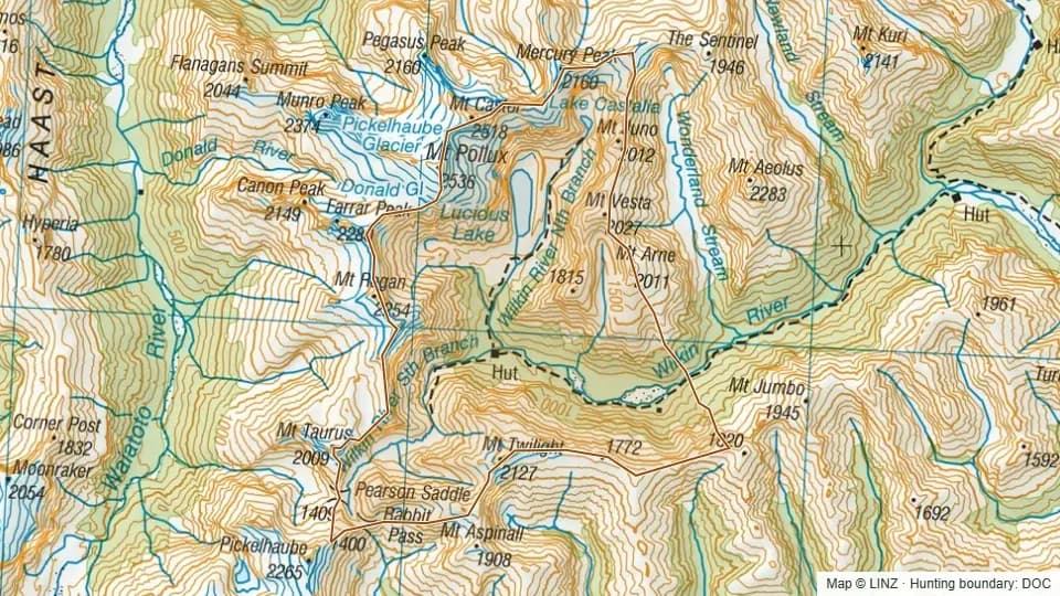 Topographic map of Upper Wilkin in Otago, New Zealand, with the DOC hunting boundary outlined.