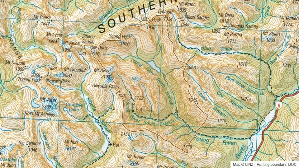 Topographic map of Upper Young in Otago, New Zealand, with the DOC hunting boundary outlined.