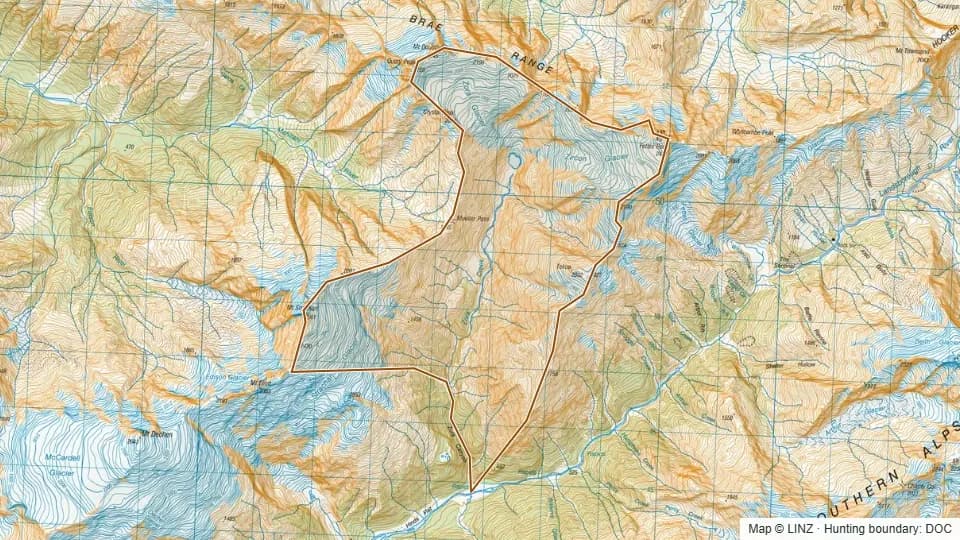 Topographic map of Upper Zora in West Coast, New Zealand, with the DOC hunting boundary outlined.