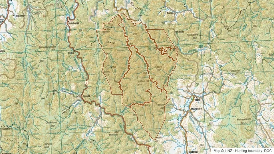 Topographic map of Urutawa Conservation Area in Bay of Plenty, New Zealand, with the DOC hunting boundary outlined.