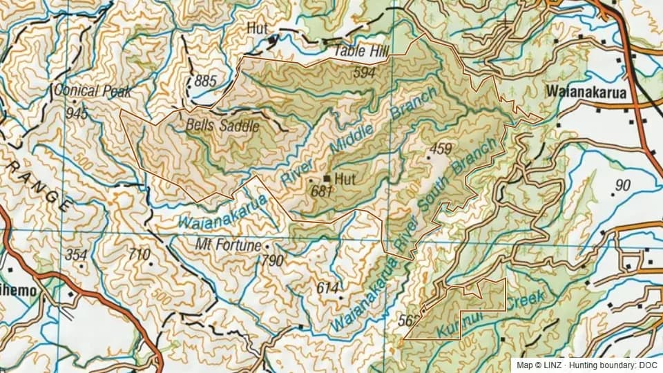 Topographic map of Waianakarua in Otago, New Zealand, with the DOC hunting boundary outlined.