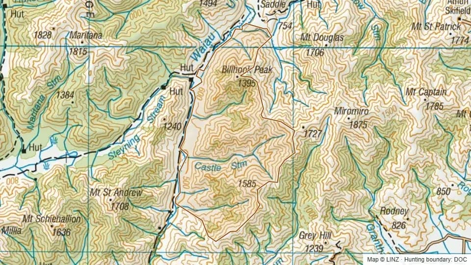 Topographic map of Waiau Faces in Canterbury, New Zealand, with the DOC hunting boundary outlined.