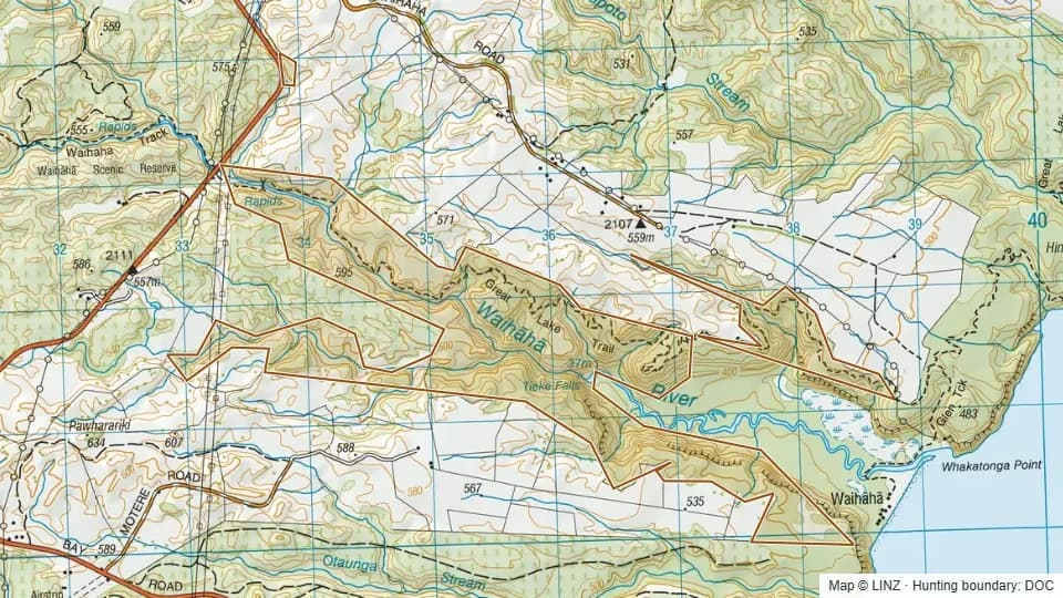 Topographic map of Waihaha Scenic Reserve (Part) in Waikato, New Zealand, with the DOC hunting boundary outlined.