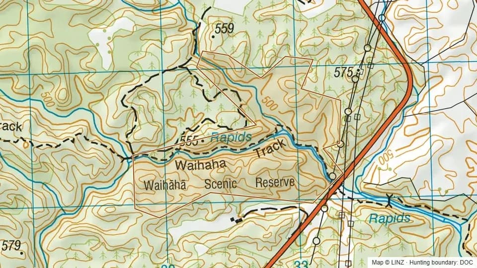 Topographic map of Waihaha Scenic Reserve in Waikato, New Zealand, with the DOC hunting boundary outlined.