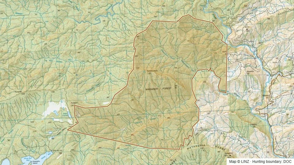Topographic map of Waikareiti Conservation Area in Hawke's Bay, New Zealand, with the DOC hunting boundary outlined.