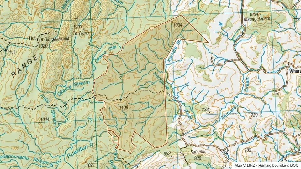 Topographic map of Waikareiti North Conservation Area in Gisborne, New Zealand, with the DOC hunting boundary outlined.