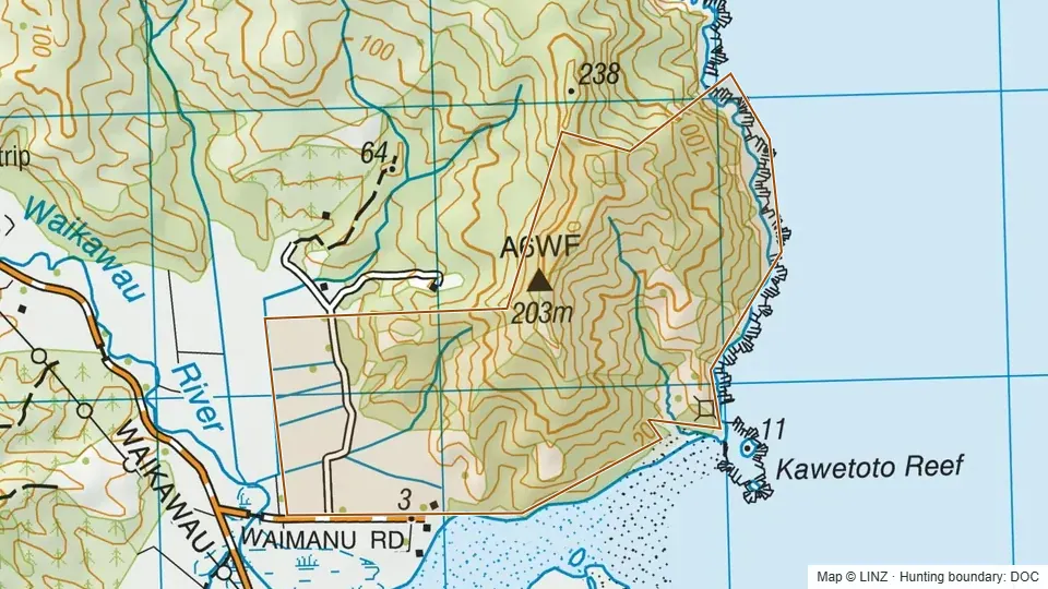 Topographic map of Waikawau Bay Scenic Reserve in Waikato, New Zealand, with the DOC hunting boundary outlined.
