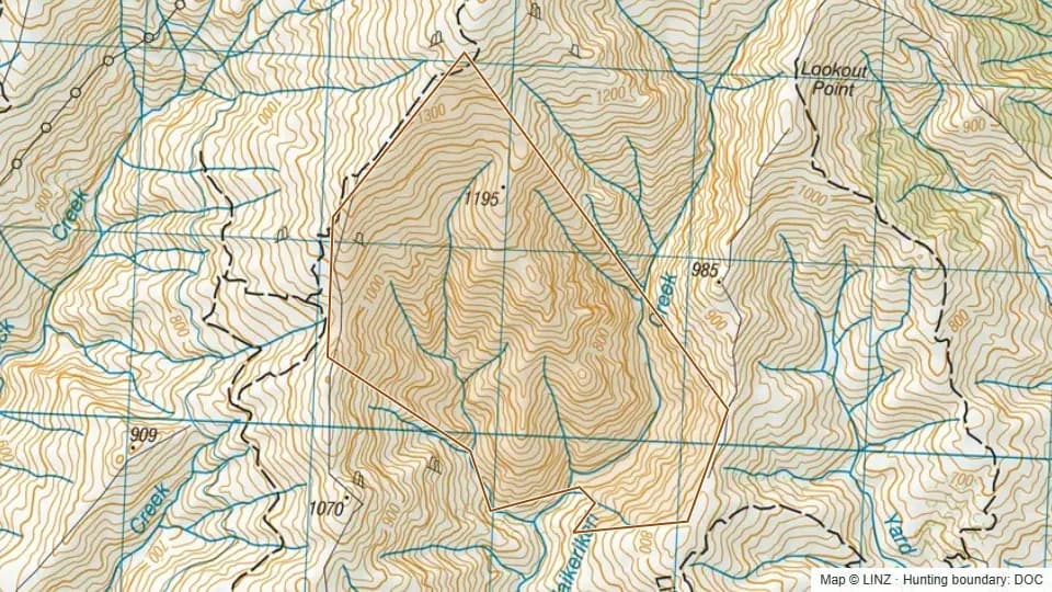 Topographic map of Waikerikeri in Otago, New Zealand, with the DOC hunting boundary outlined.