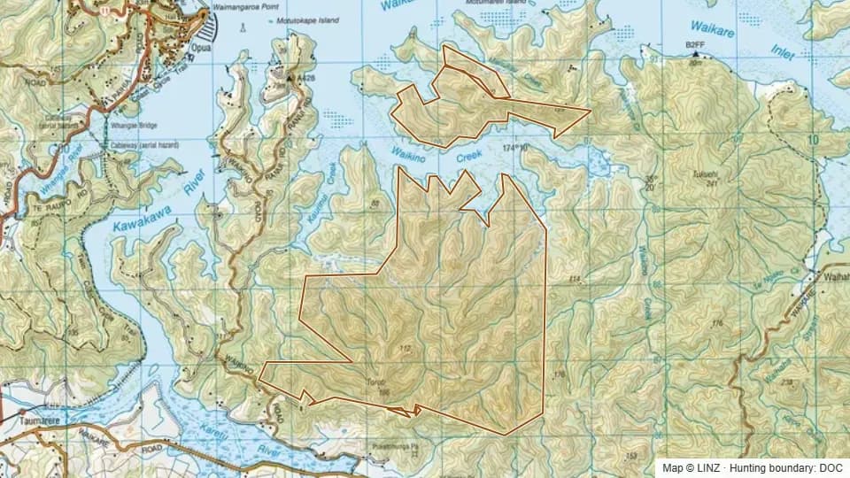 Topographic map of Waikino Forest (Pt Northland Conservation Park) in Northland, New Zealand, with the DOC hunting boundary outlined.