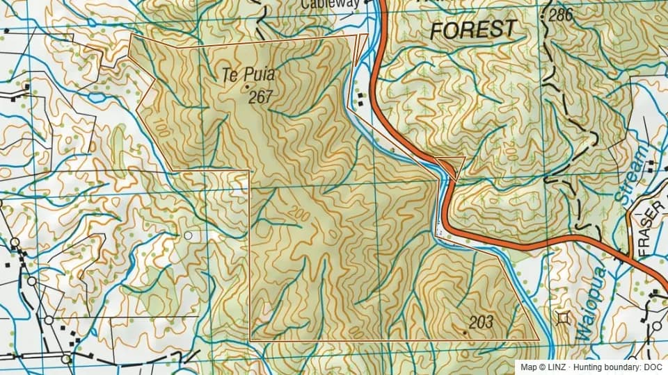 Topographic map of Waimana Gorge Scenic Reserve in Bay of Plenty, New Zealand, with the DOC hunting boundary outlined.