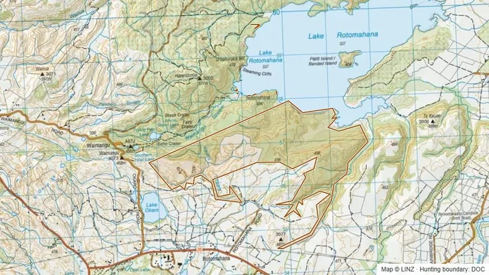 Topographic map of Waimangu Scenic Reserve in Bay of Plenty, New Zealand, with the DOC hunting boundary outlined.