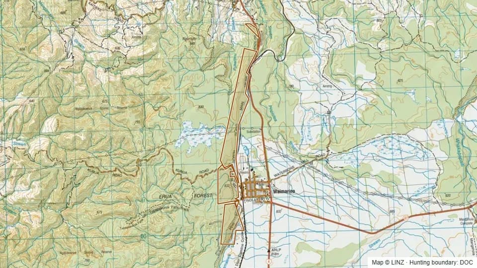 Topographic map of Waimarino Scientific Reserve in Manawatu-Wanganui, New Zealand, with the DOC hunting boundary outlined.