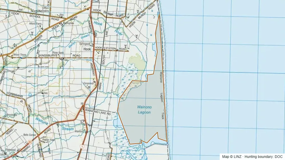 Topographic map of Wainono Lagoon in Canterbury, New Zealand, with the DOC hunting boundary outlined.
