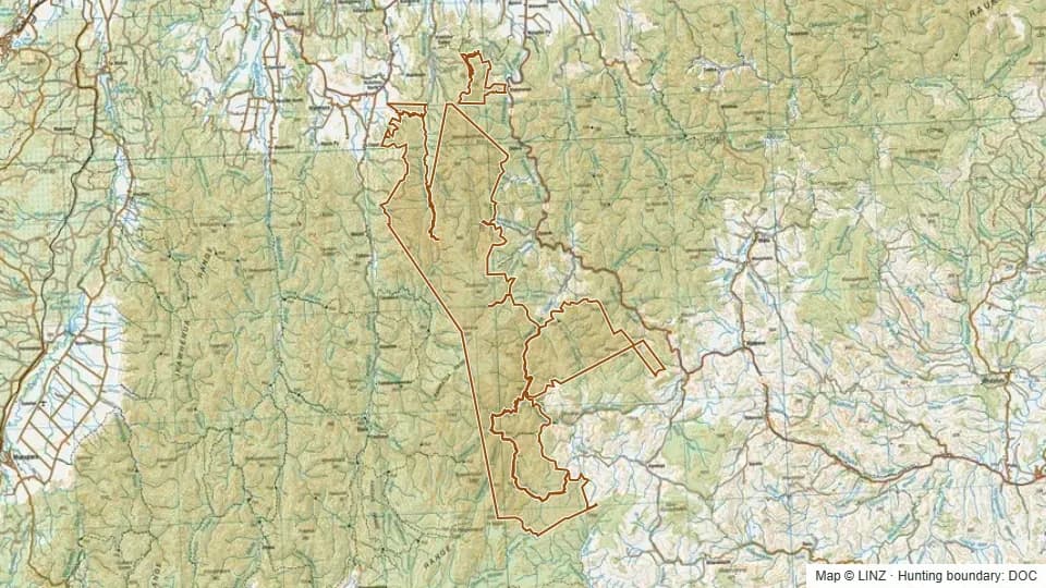 Topographic map of Waioeka Conservation Area in Bay of Plenty, New Zealand, with the DOC hunting boundary outlined.