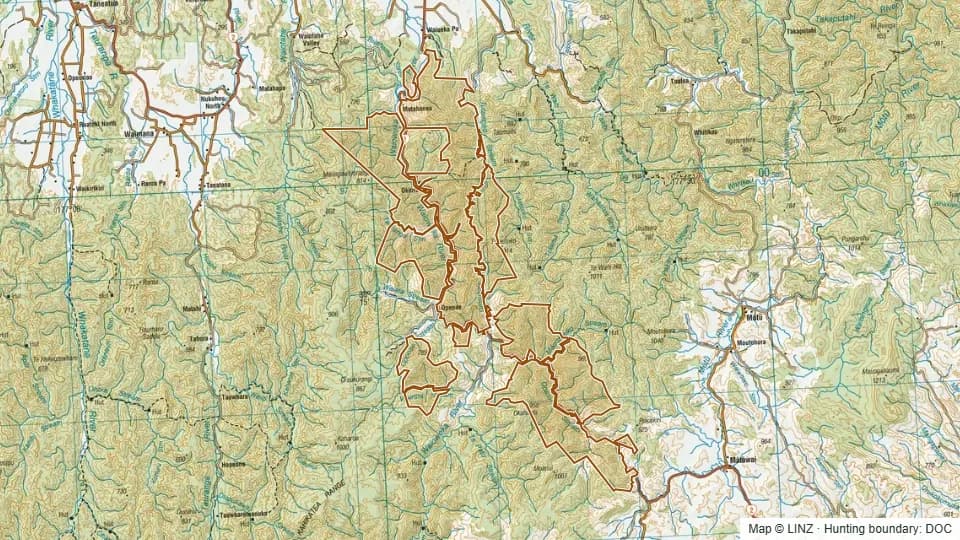 Topographic map of Waioeka Gorge Scenic Reserve in Bay of Plenty, New Zealand, with the DOC hunting boundary outlined.
