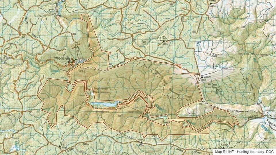 Topographic map of Waipori Falls in Otago, New Zealand, with the DOC hunting boundary outlined.
