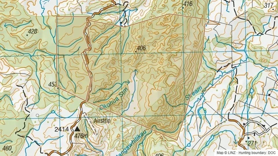 Topographic map of Waipuna Scenic Reserve in Waikato, New Zealand, with the DOC hunting boundary outlined.