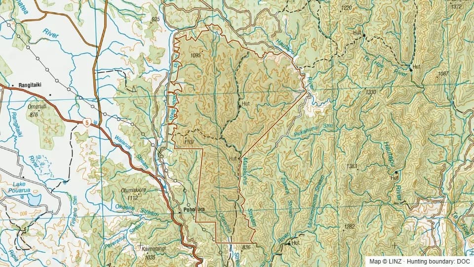 Topographic map of Waipunga Forest in Hawke's Bay, New Zealand, with the DOC hunting boundary outlined.