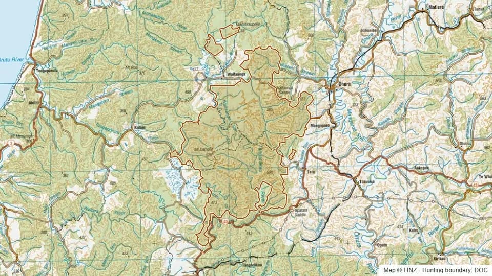 Topographic map of Waitaanga Conservation Area in Manawatu-Wanganui, New Zealand, with the DOC hunting boundary outlined.