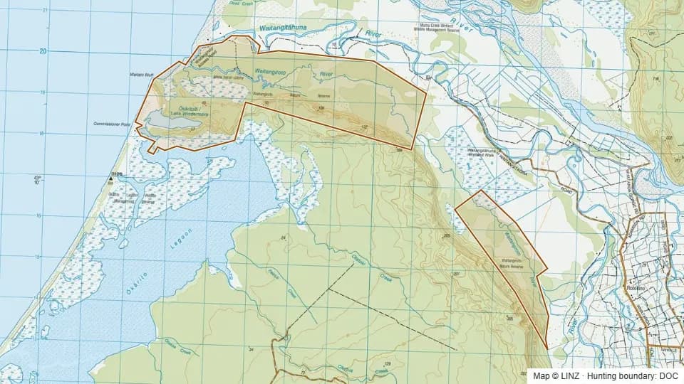 Topographic map of Waitangiroto Nature Reserve in West Coast, New Zealand, with the DOC hunting boundary outlined.