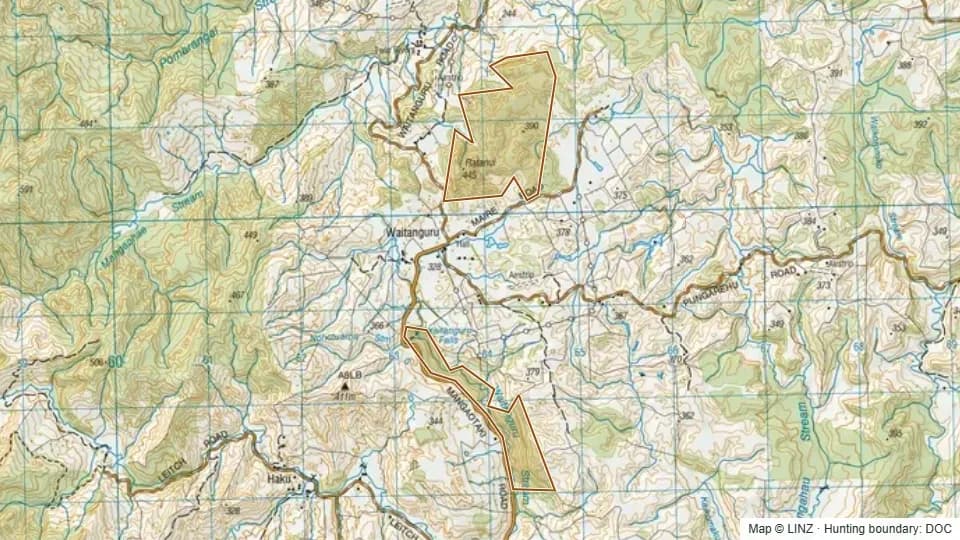 Topographic map of Waitanguru Scenic Reserve in Waikato, New Zealand, with the DOC hunting boundary outlined.
