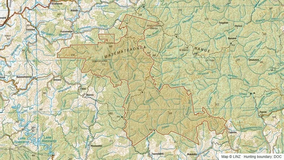 Topographic map of Waitotara Conservation Area in Taranaki, New Zealand, with the DOC hunting boundary outlined.