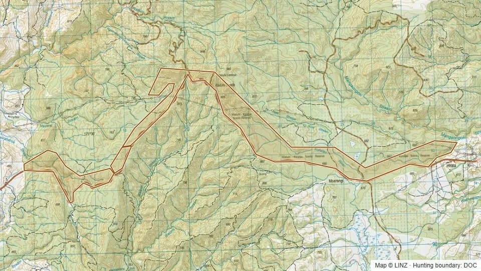 Topographic map of Waituhi-Kuratau Scenic Reserve in Manawatu-Wanganui, New Zealand, with the DOC hunting boundary outlined.
