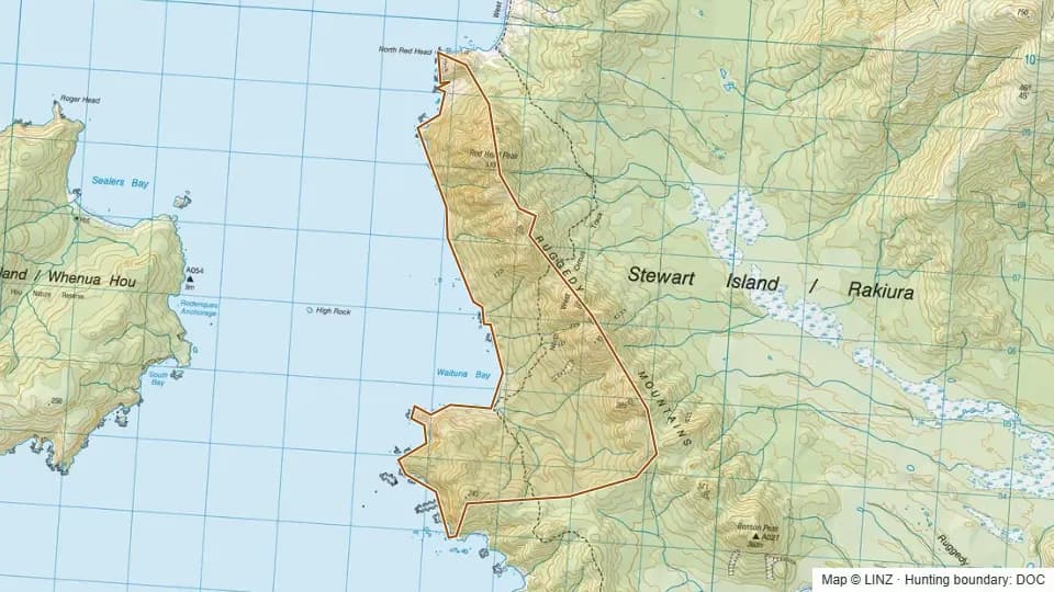 Topographic map of Waituna in Southland, New Zealand, with the DOC hunting boundary outlined.
