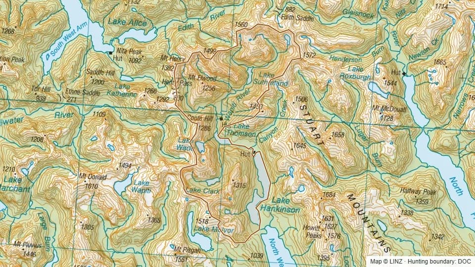 Topographic map of Wapiti River in Southland, New Zealand, with the DOC hunting boundary outlined.