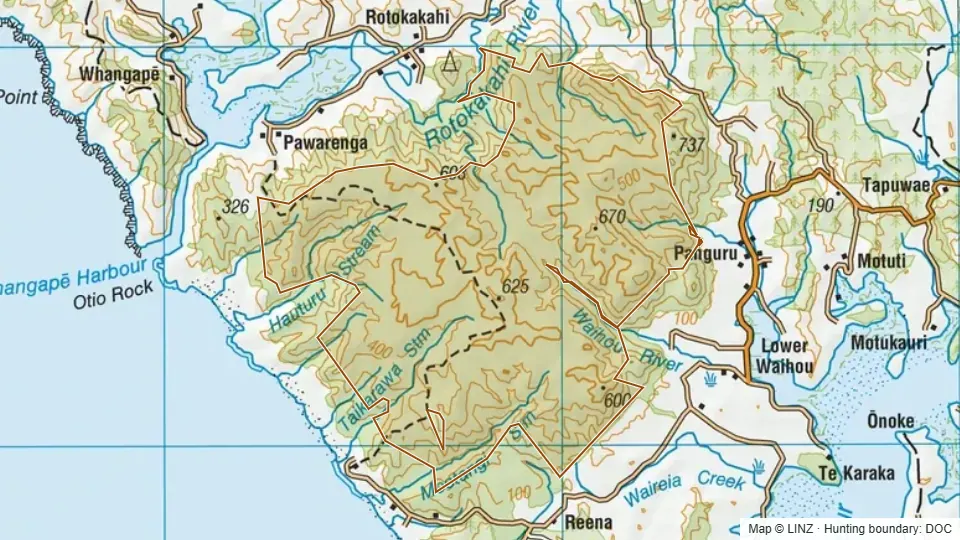 Topographic map of Warawara Forest in Northland, New Zealand, with the DOC hunting boundary outlined.