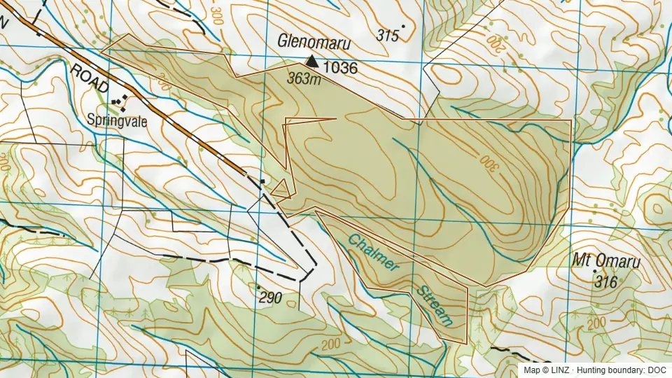 Topographic map of Warepa Scenic Reserve in Otago, New Zealand, with the DOC hunting boundary outlined.