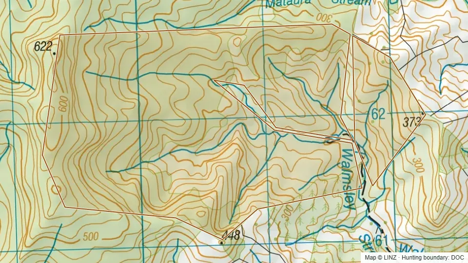 Topographic map of Water Conservation - Waihi in Waikato, New Zealand, with the DOC hunting boundary outlined.