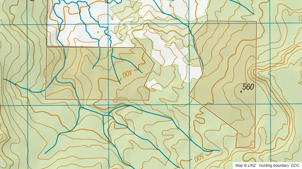 Topographic map of Wekaweka Scenic Reserve in Northland, New Zealand, with the DOC hunting boundary outlined.