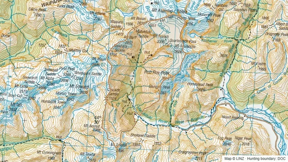 Topographic map of West Matukituki in Otago, New Zealand, with the DOC hunting boundary outlined.