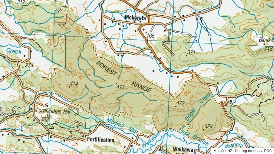 Topographic map of West McClennan in Southland, New Zealand, with the DOC hunting boundary outlined.
