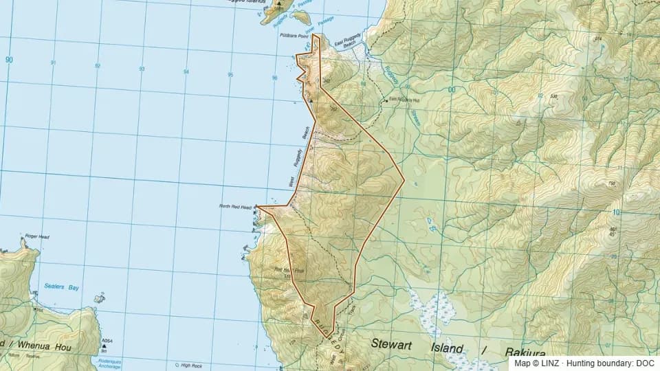 Topographic map of West Ruggedy in Southland, New Zealand, with the DOC hunting boundary outlined.