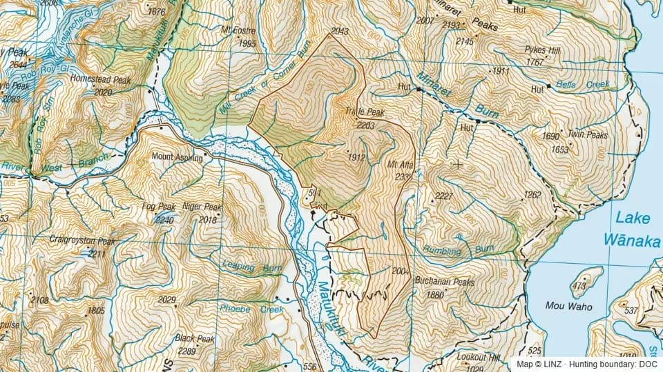 Topographic map of West Wanaka in Otago, New Zealand, with the DOC hunting boundary outlined.