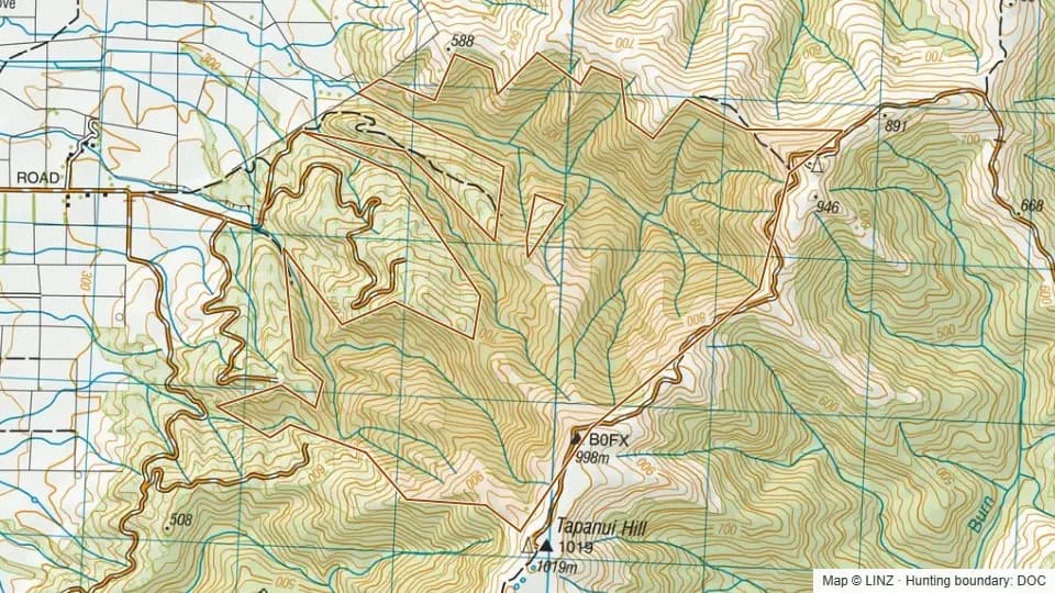 Topographic map of Westwood - Blue Mountains in Otago, New Zealand, with the DOC hunting boundary outlined.