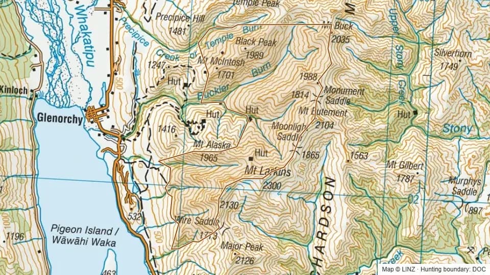 Topographic map of Whakaari in Otago, New Zealand, with the DOC hunting boundary outlined.