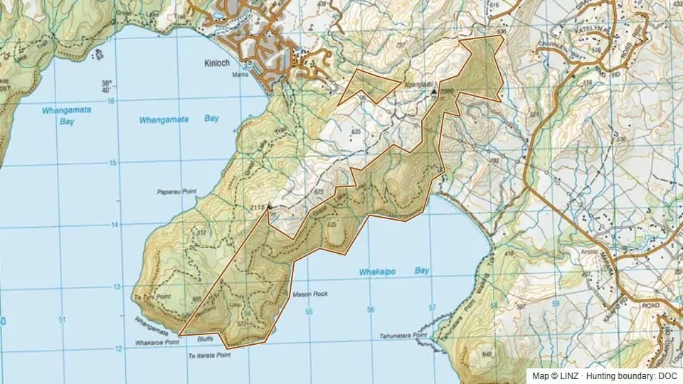 Topographic map of Whakaipo Bay Scenic Reserve in Waikato, New Zealand, with the DOC hunting boundary outlined.