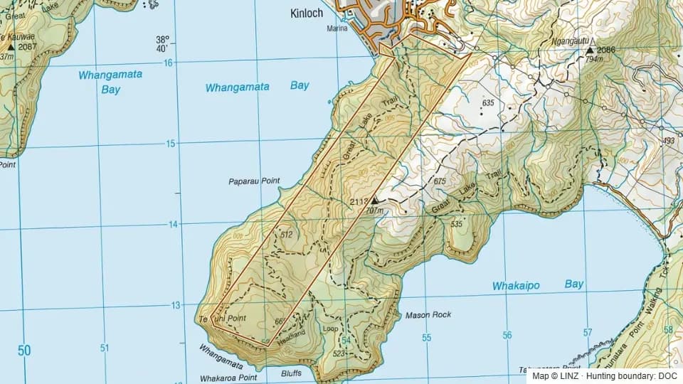 Topographic map of Whakaroa Point Recreation Reserve in Waikato, New Zealand, with the DOC hunting boundary outlined.