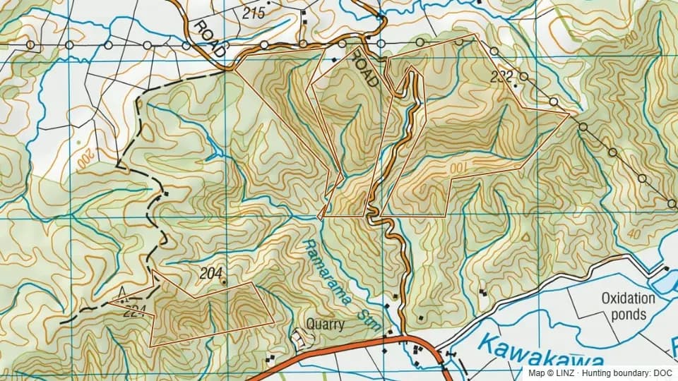 Topographic map of Whangae Conservation Area in Northland, New Zealand, with the DOC hunting boundary outlined.