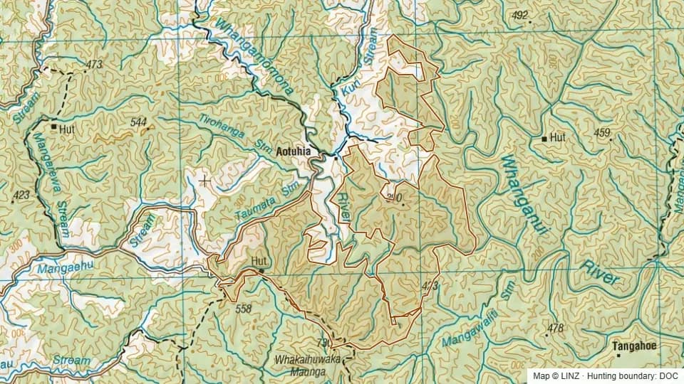 Topographic map of Whangamomona Conservation Area in Manawatu-Wanganui, New Zealand, with the DOC hunting boundary outlined.