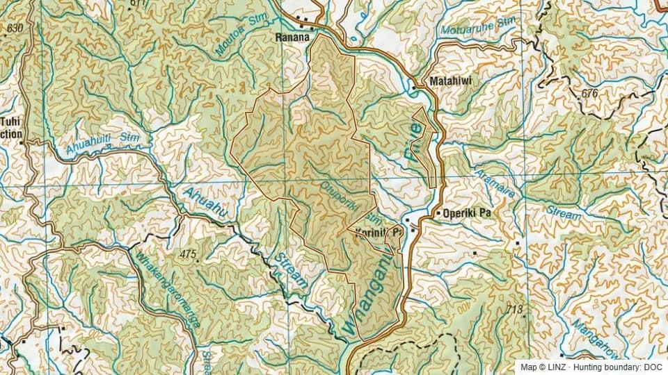 Topographic map of Whanganui National Park (Pt) in Manawatu-Wanganui, New Zealand, with the DOC hunting boundary outlined.