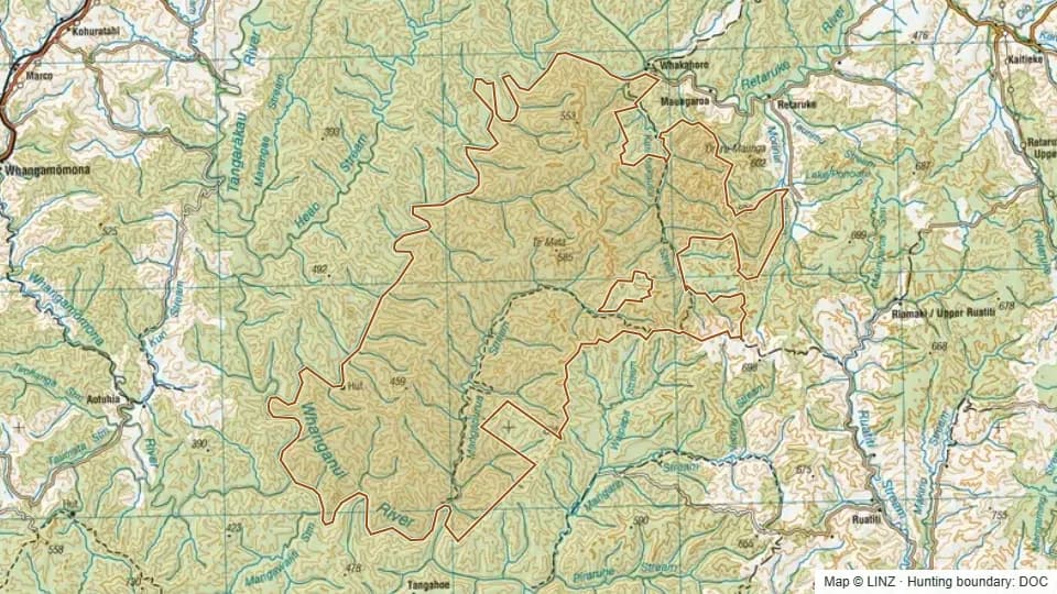 Topographic map of Whanganui National Park (Pt) in Manawatu-Wanganui, New Zealand, with the DOC hunting boundary outlined.